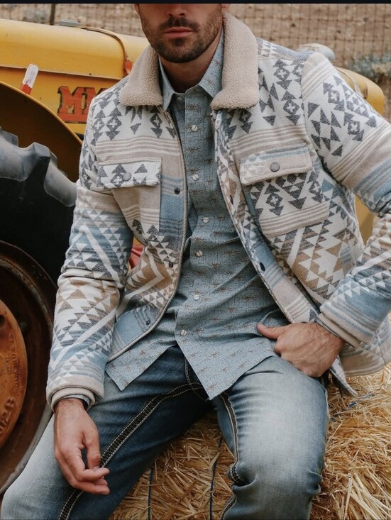 Platini Other - PLATINI Aztec Print Sherpa-Lined Jacket in Blue & Tan Xl